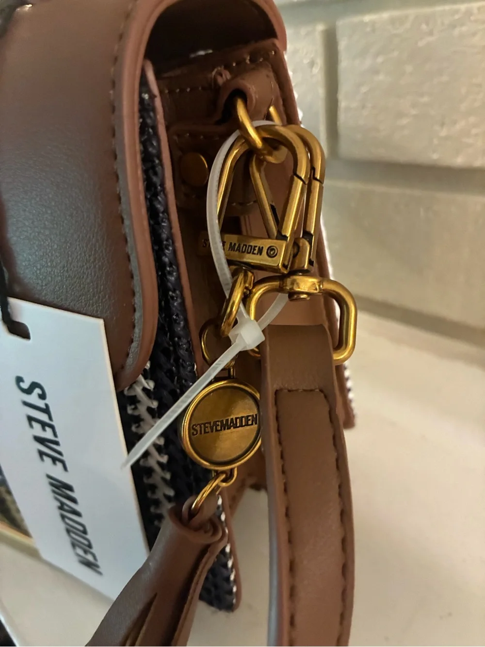 Steve Madden Brown and Navy Woven Style Top-Handle Satchel Crossbody with Tassel - Picture 2 of 16